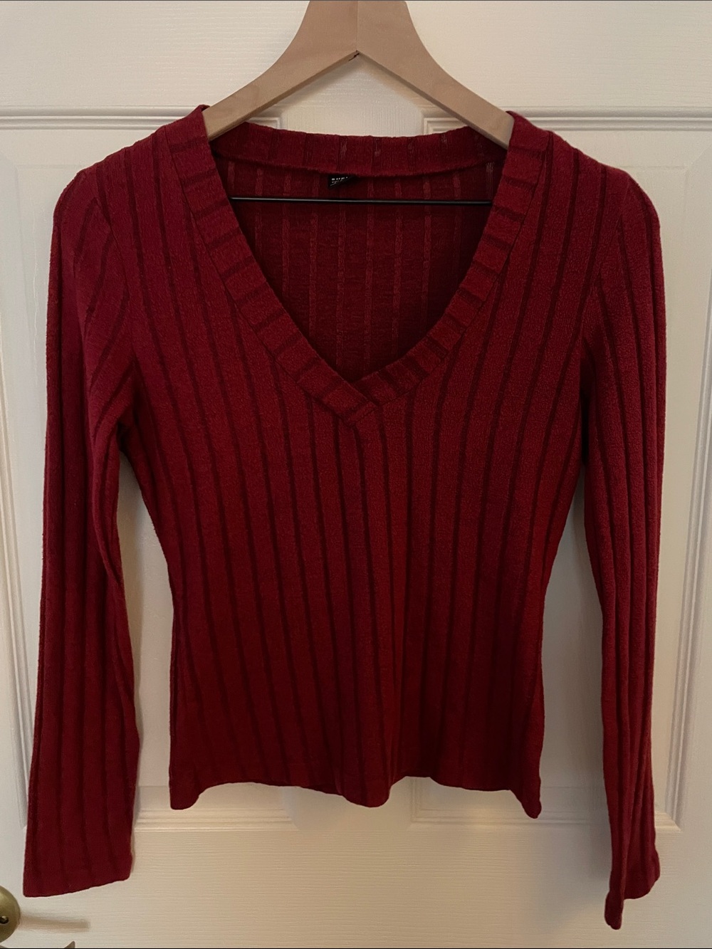 SHEIN Soft Ribbed V-Neck Long Sleeve Top - Deep Red, S